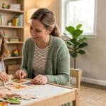 child therapist and child playing at a table