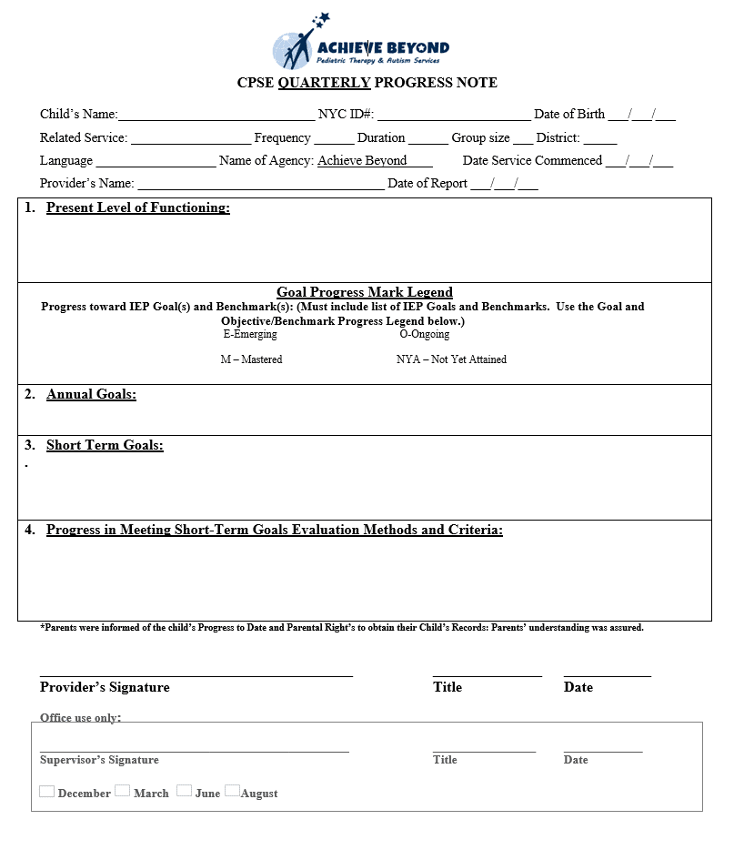 NYC CPSE Quarterly Progress Note Template