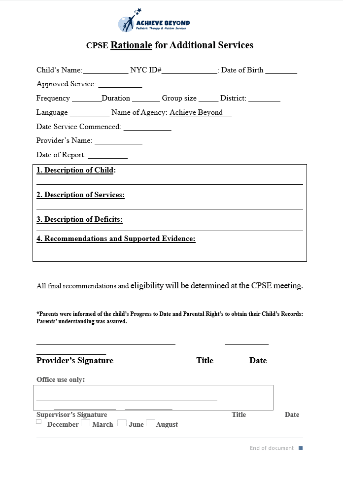 NYC CPSE Rationale for Additional Services Template