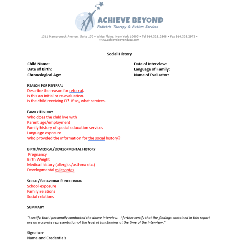 Sample Social History (EI/CPSE) Westchester - Achieve Beyond